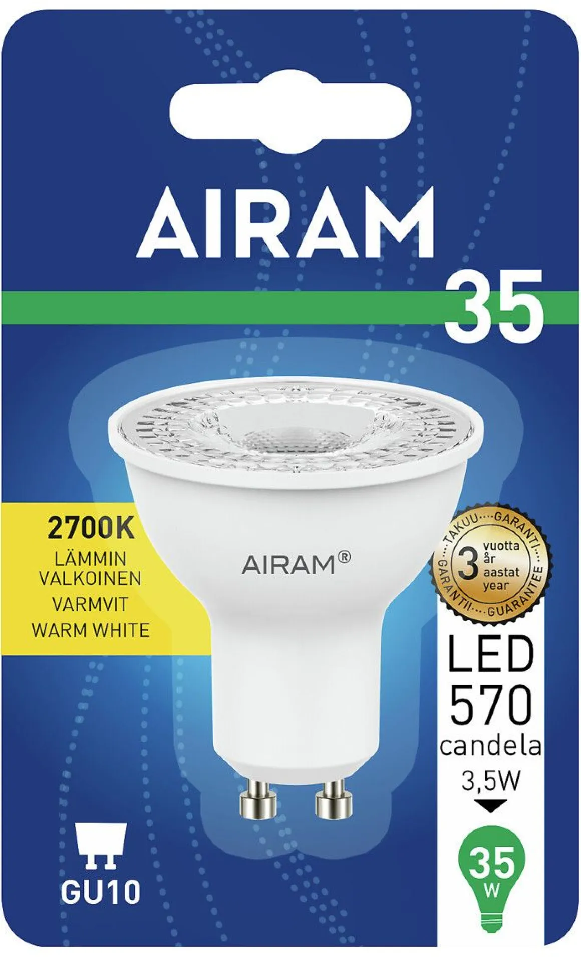 AIRAM LED KOHDELAMPPU 2,4W GU10 PAR16 36 265LM/570CD, 2700K
