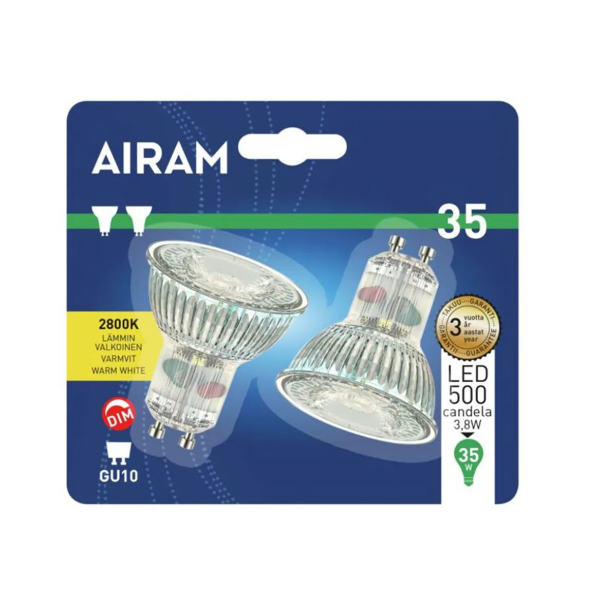 AIRAM LED KOHDELAMPPU 2,4W GU10 280LM 500CD HIMMEN. 2 KPL