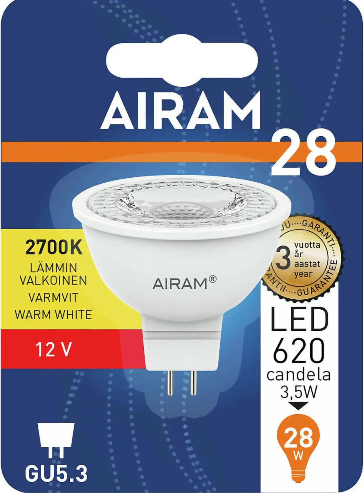 AIRAM LED KOHDELAMPPU 3W MR16-12V 250LM/600 CD, 36D GU5.3 2700K