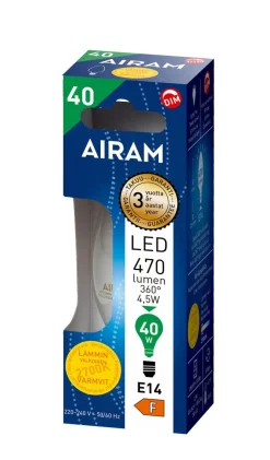 AIRAM LED KYNTTILÄLAMPPU KIRKAS 4,5W E14 470LM, HIMMENETTÄVÄ, 15 000H
