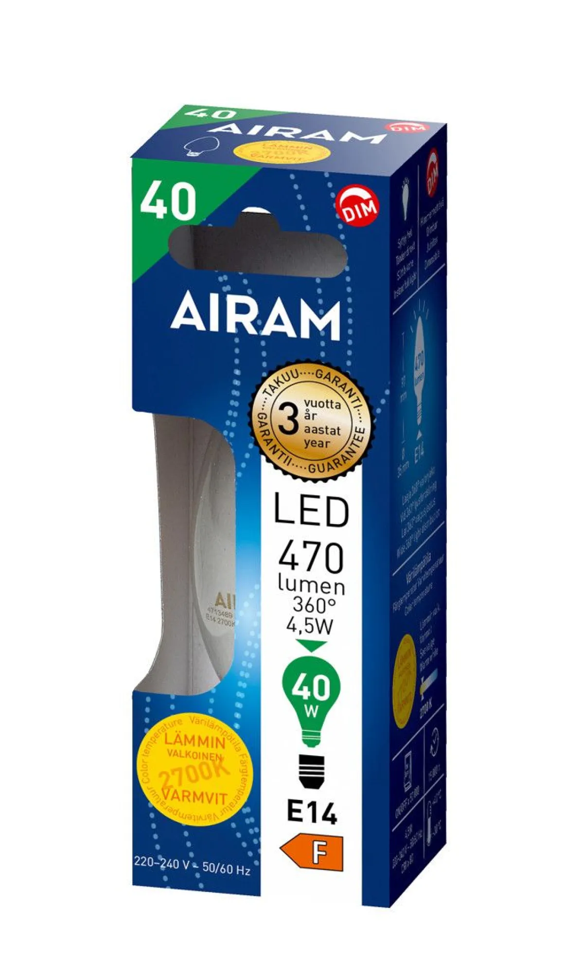 AIRAM LED KYNTTILÄLAMPPU KIRKAS 4,5W E14 470LM, HIMMENETTÄVÄ, 15 000H