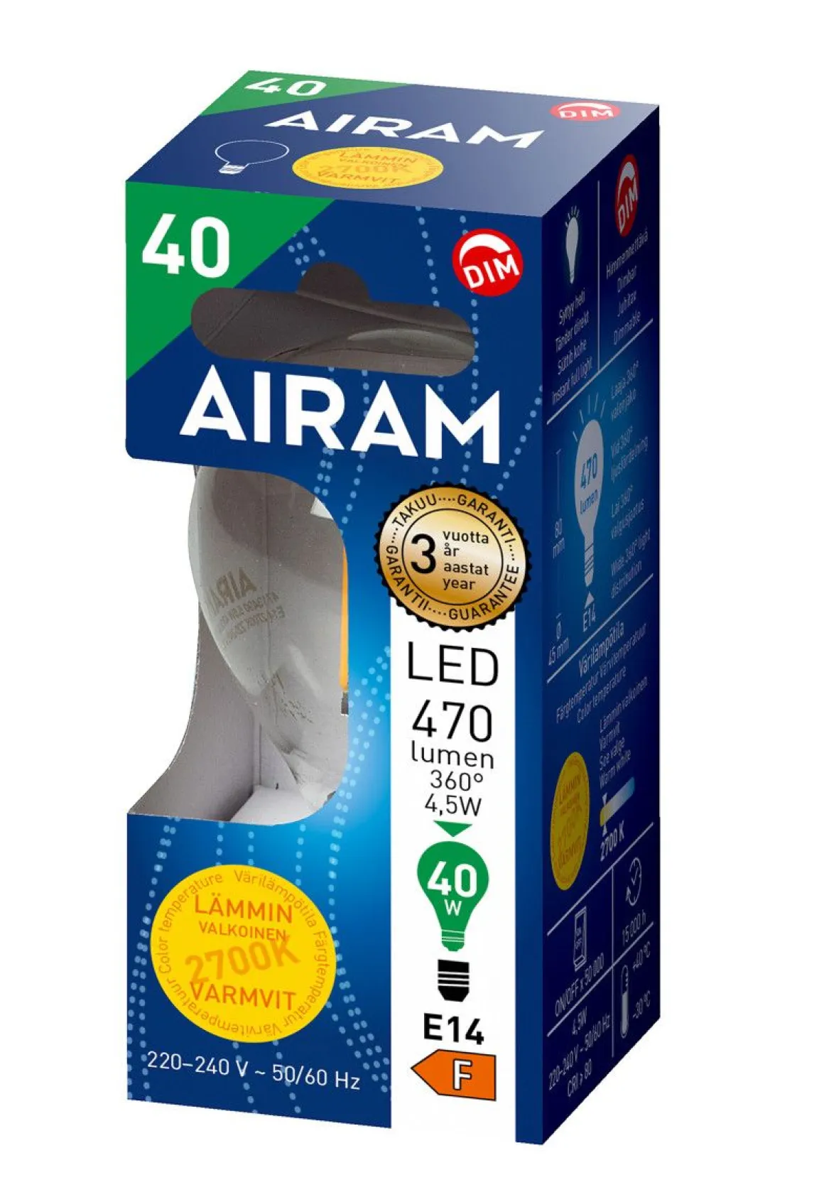 AIRAM LED MAINOSLAMPPU KIRKAS 4,5W E14 470LM, HIMMENETTÄVÄ, 15 000H