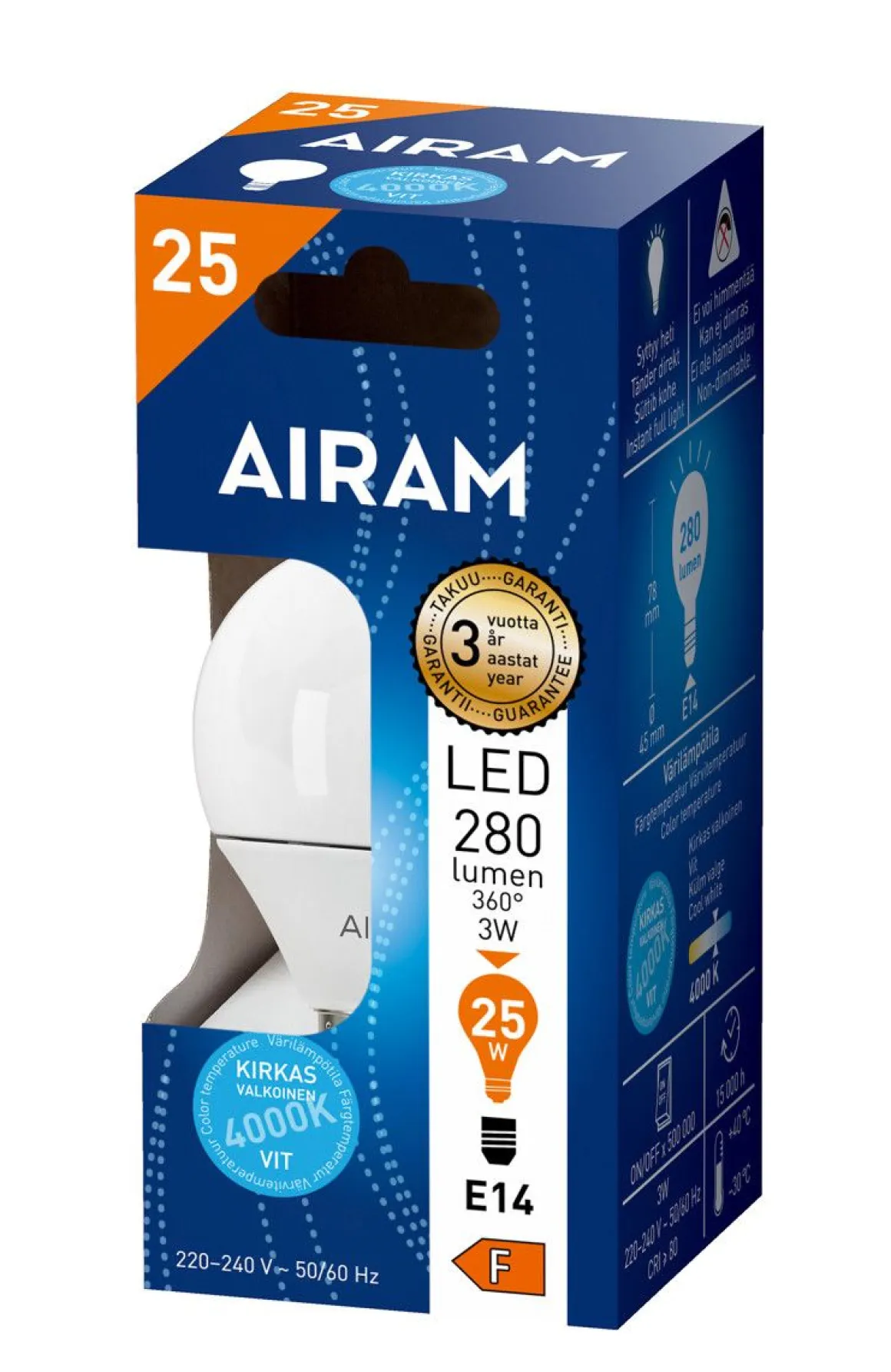 AIRAM LED MAINOSLAMPPU 3W 4000K E14 250 LM, 15 000H