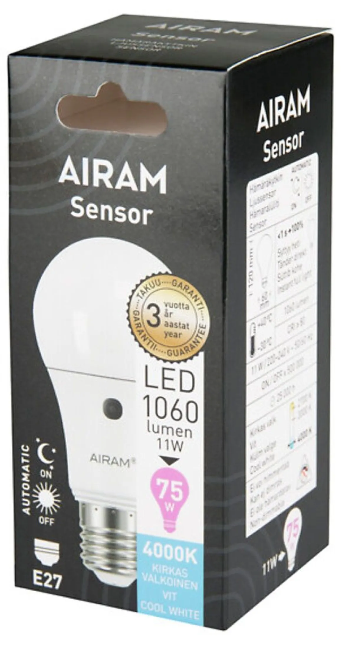 AIRAM LED SENSOR VAKIOLAMPPU 10,7W E27 1100LM 4000K