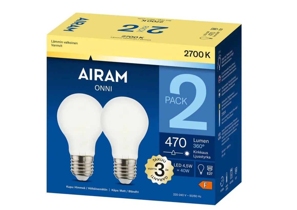 AIRAM LED VAKIOLAMPPU HIMMEÄ 4,5W 2-PACK E27, 2700K 470 LM, 12 000H