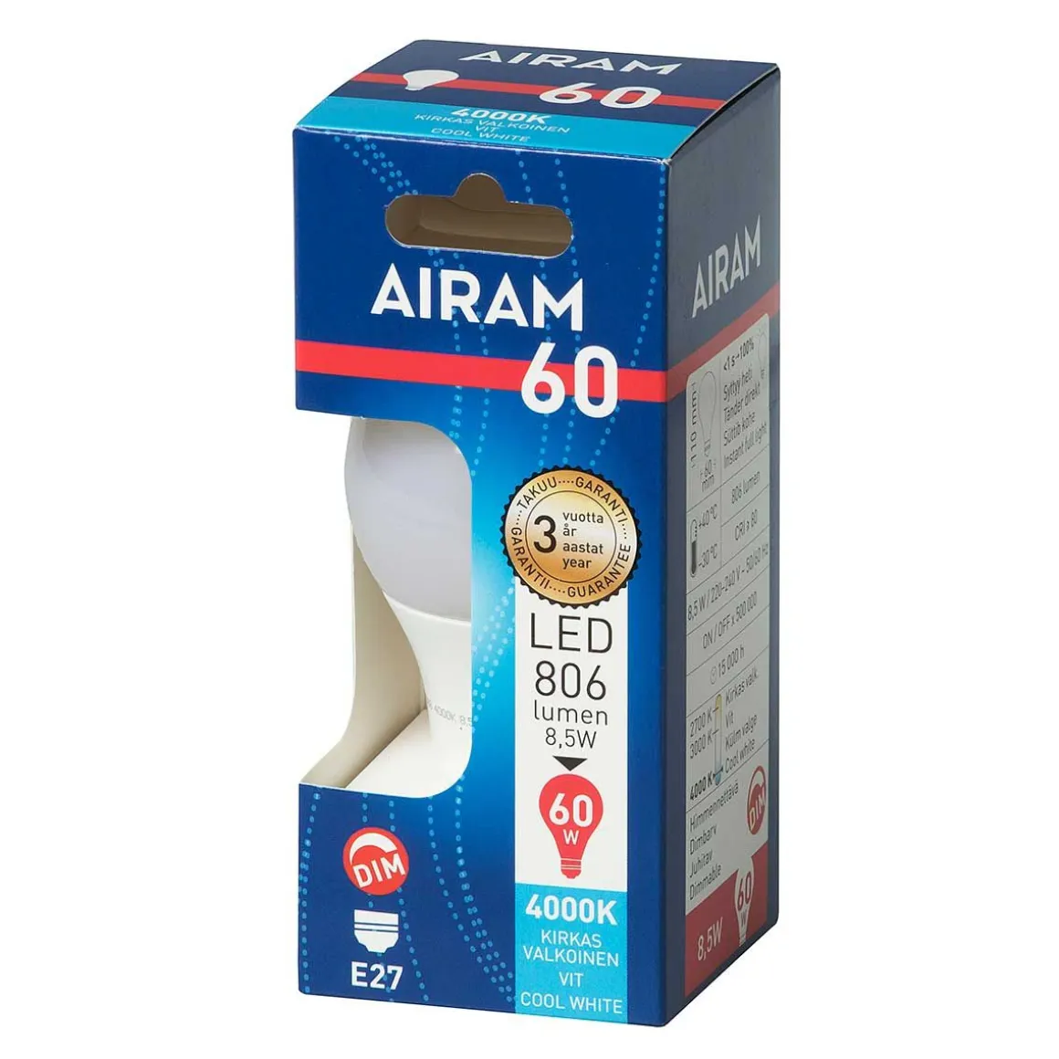 AIRAM LED VAKIOLAMPPU 7,3W E27 4000K 806LM HIMMENNETTÄVÄ
