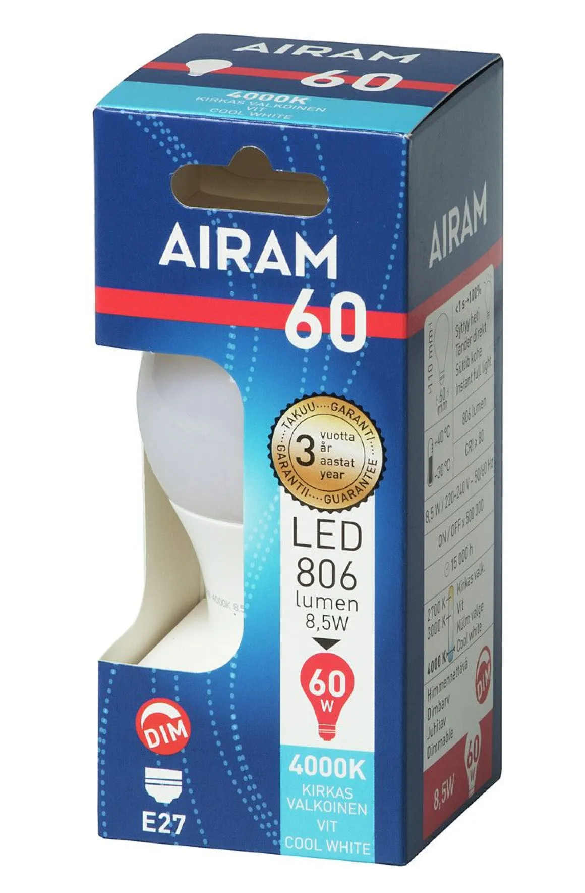 AIRAM LED VAKIOLAMPPU 7,3W E27 4000K 806LM HIMMENNETTÄVÄ