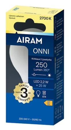 AIRAM ONNI LED PIENIKUPULAMPPU 2,2W E14 2700K P45 250LM 15 000H
