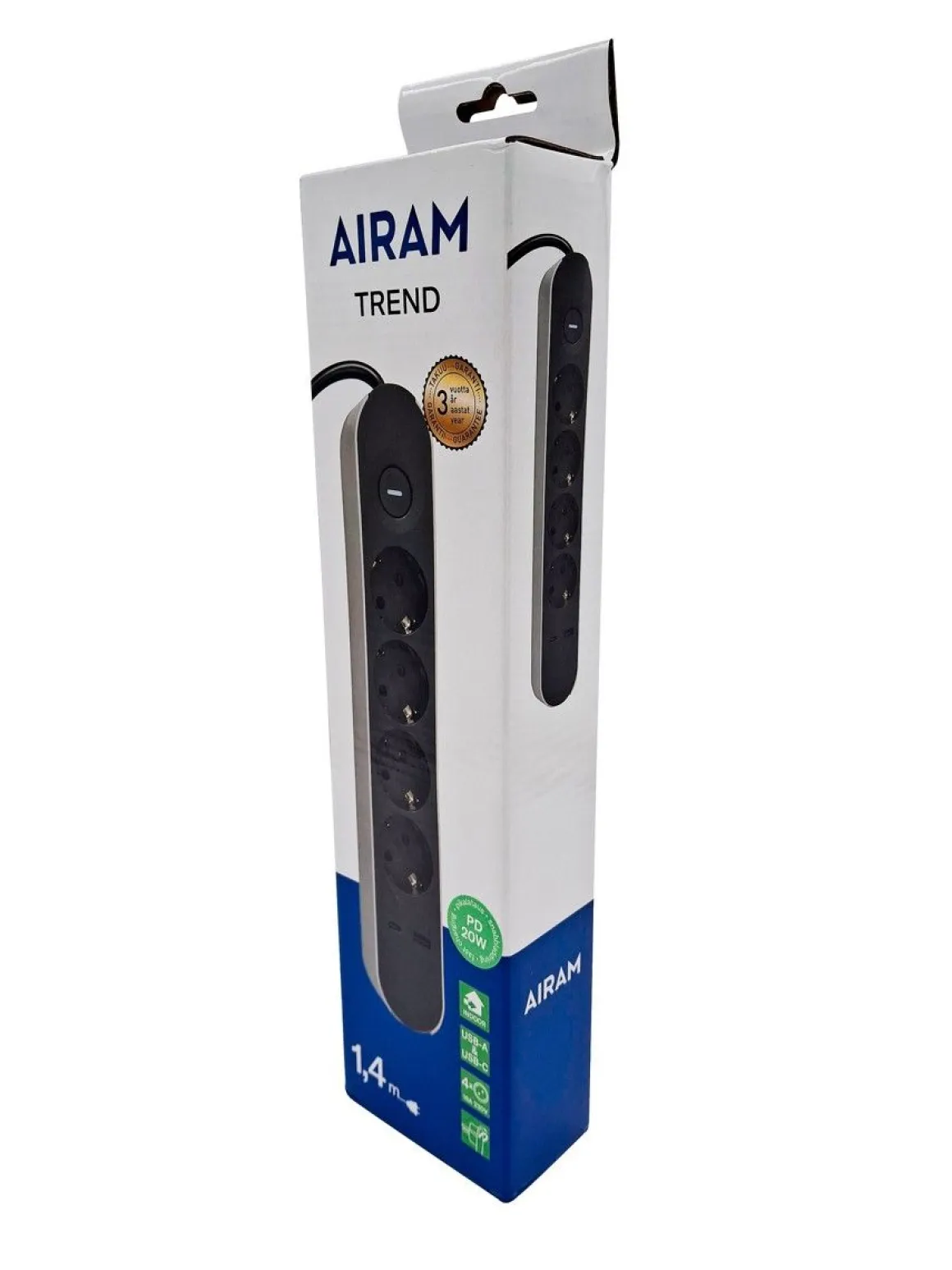 AIRAM TREND JATKOJOHTO 4-OS+2USB 1,4M MUSTA