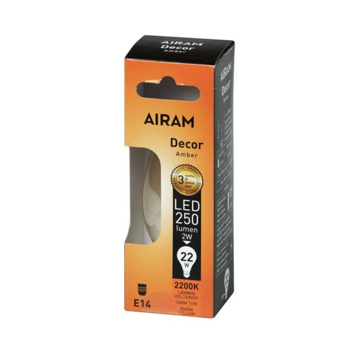 AIRAM LED AMBER ANTIIKKI KYNTTILÄLAMPPU 2,5W 2200K E14, 225LM 15 000H