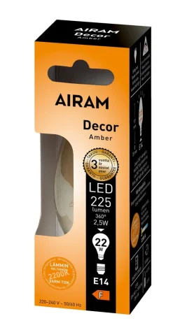 AIRAM LED AMBER ANTIIKKI KYNTTILÄLAMPPU 2,5W 2200K E14, 225LM 15 000H