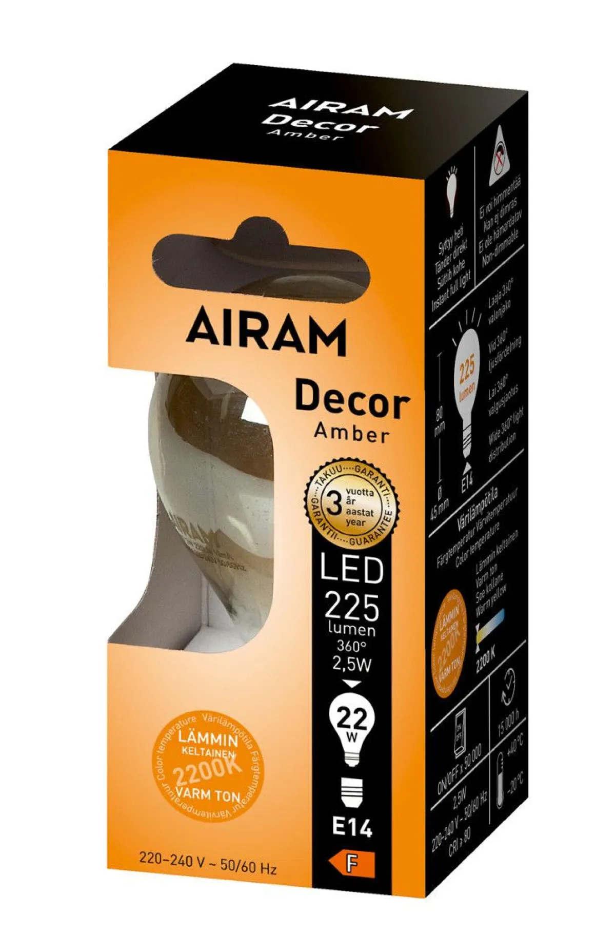 AIRAM LED AMBER ANTIIKKI MAINOSLAMPPU 2,5W 2200K KIRKAS E14, 250LM, 15 000H