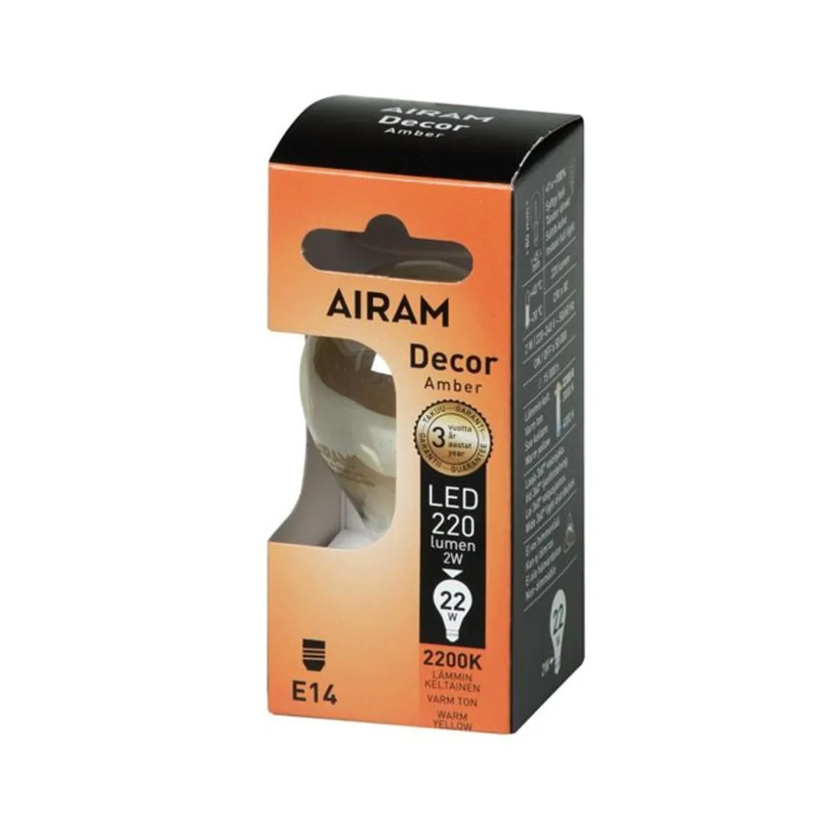 AIRAM LED AMBER ANTIIKKI MAINOSLAMPPU 2,5W 2200K KIRKAS E14, 250LM, 15 000H
