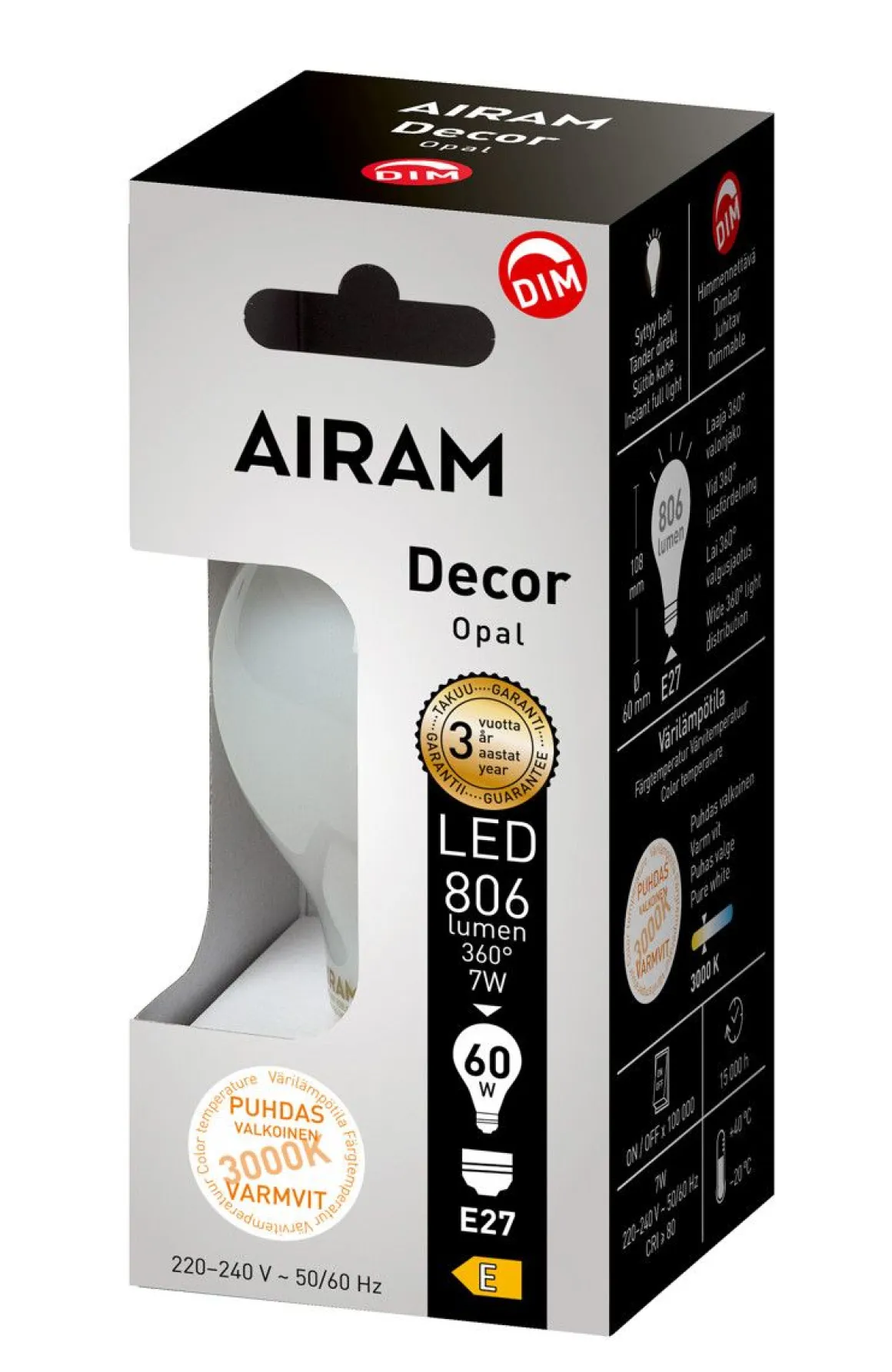 AIRAM LED DECOR VAKIOLAMPPU OPAALI 7W E27 806LM HIMMENTÄVÄ