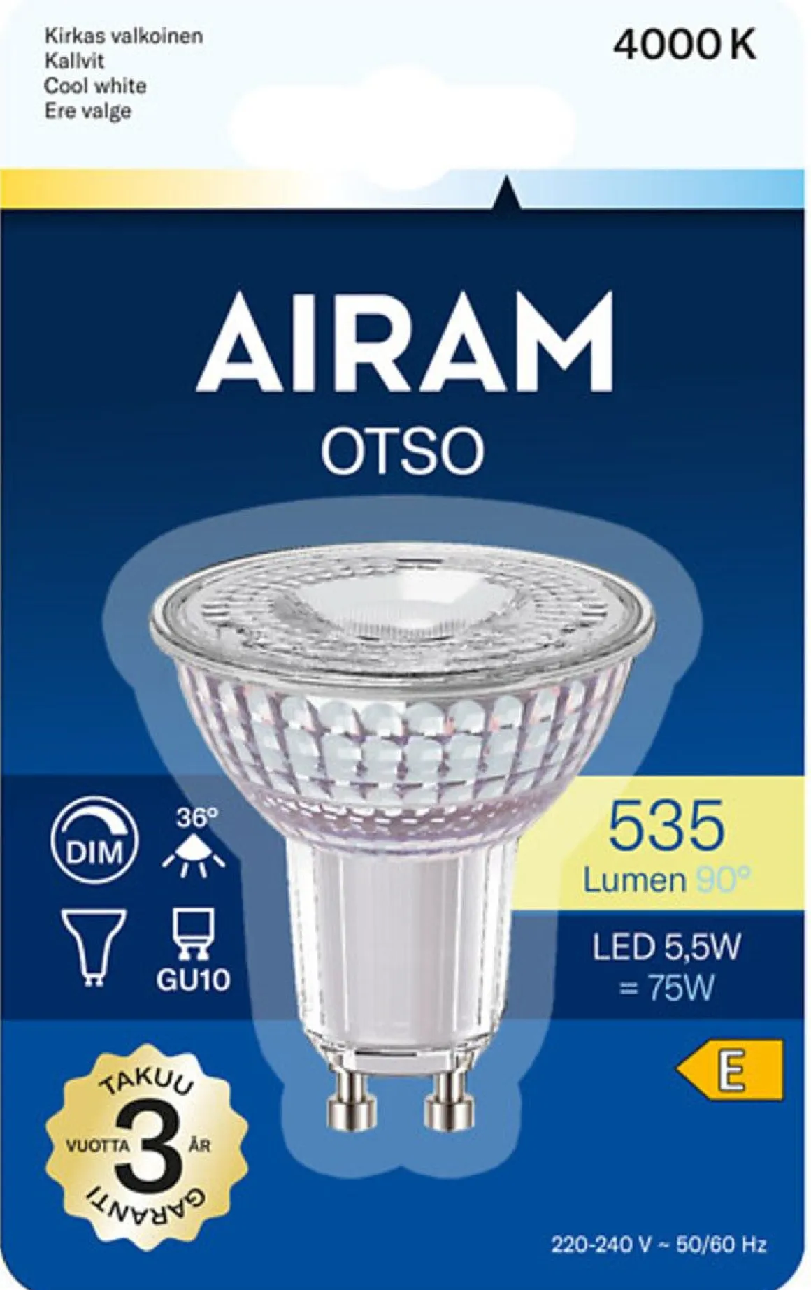AIRAM LED KOHDELAMPPU PAR16 5,5W GU10 36 635LM/900CD 4000K HIMMENNETTÄVÄ
