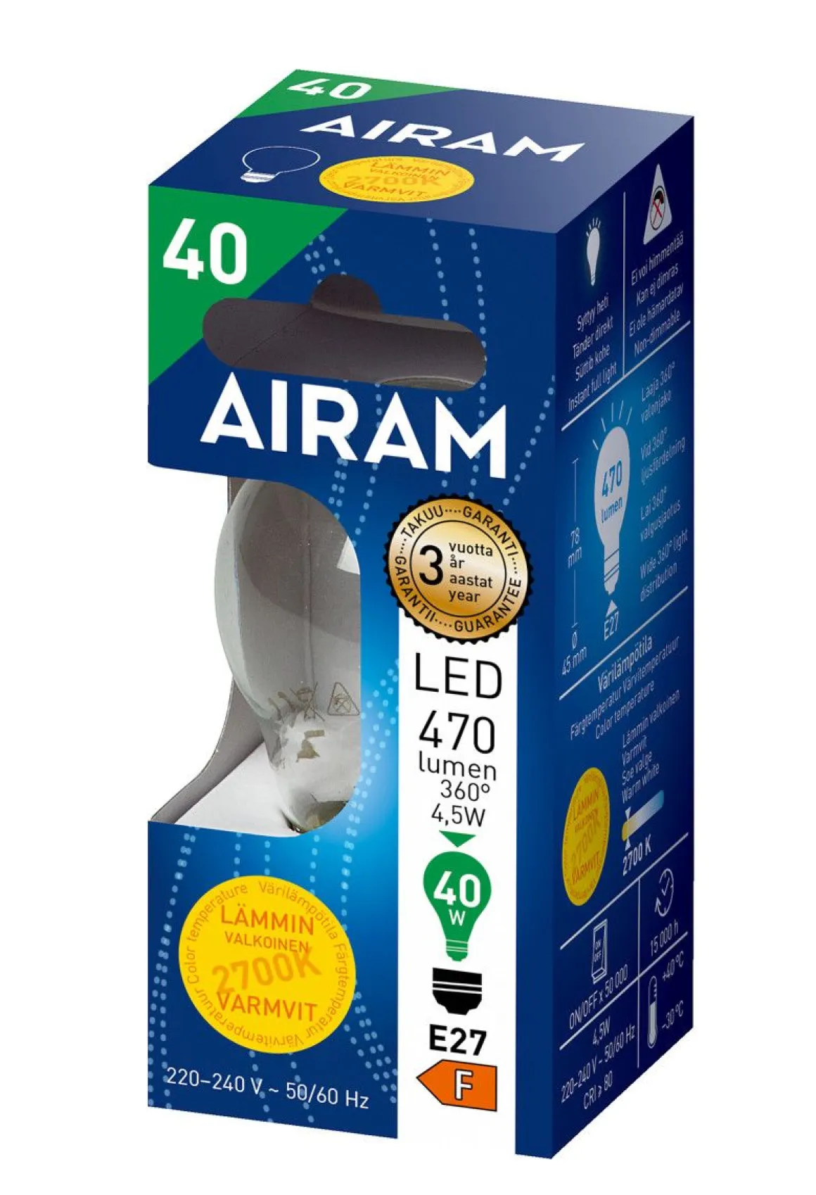 AIRAM LED KORISTELAMPPU KIRKAS 4,5W E27 FILAM. 470LM, 15 000H