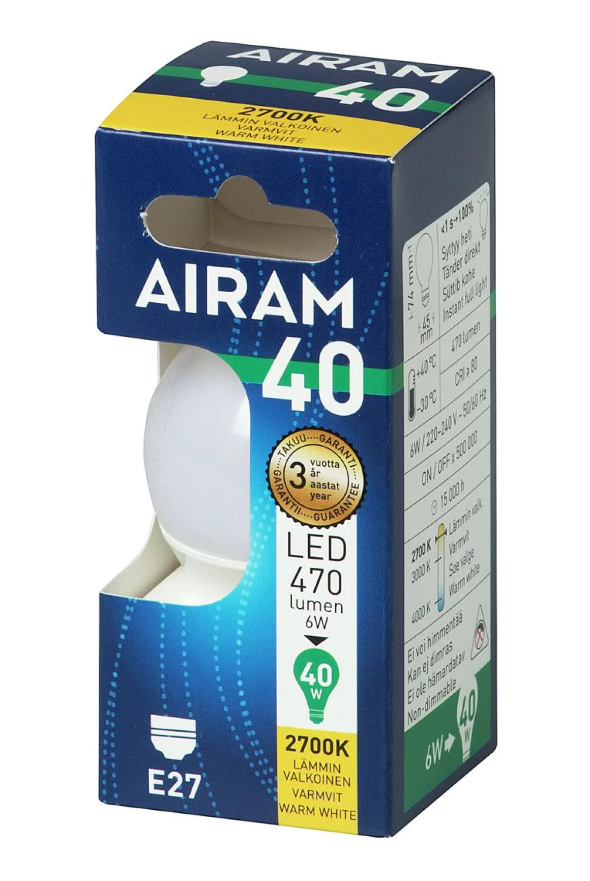 AIRAM LED KORISTELAMPPU OPAALI 4,9W E27 470 LM, 15 000H