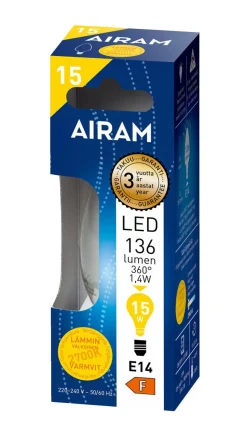 AIRAM LED KYNTTILÄLAMPPU KIRKAS 1,4W E14 FILAM. 136LM, 15 000H