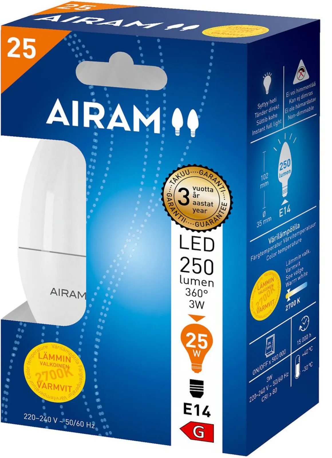 AIRAM LED KYNTTILÄLAMPPU OPAALI 3W E14 250 LM, 15 000H 2 KPL