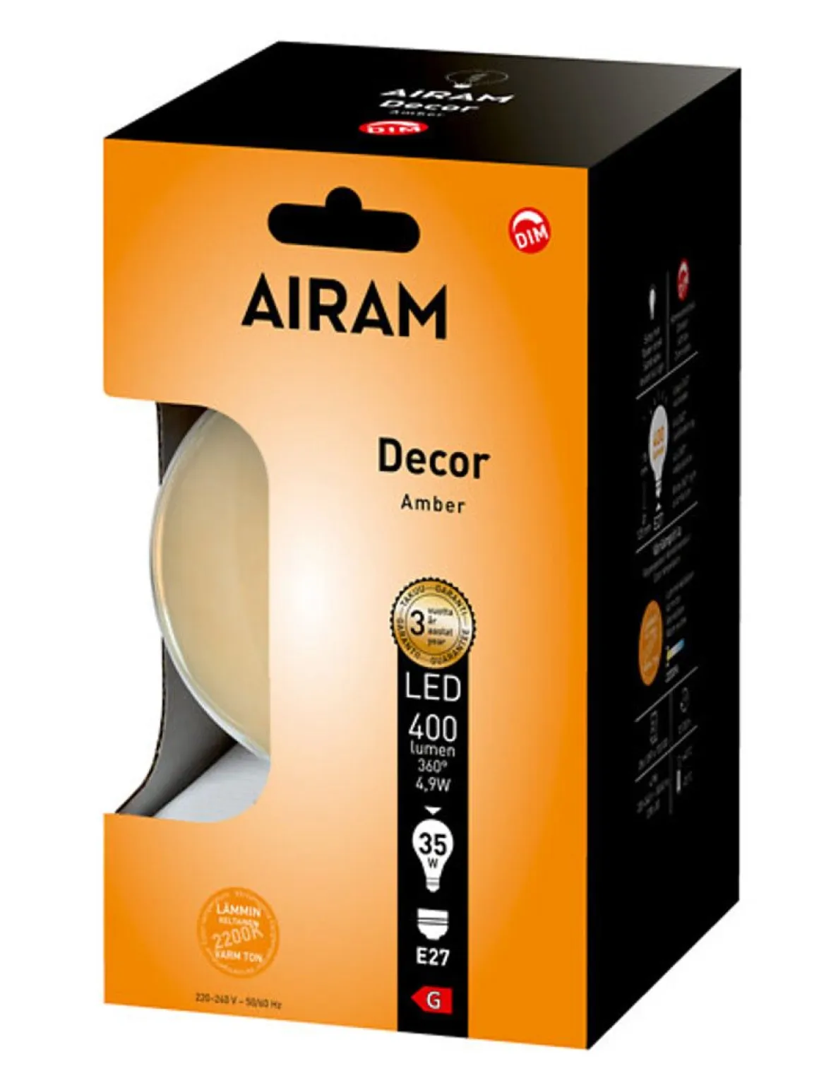 AIRAM LED LAMPPU DECFG GLOBE-125 4,9W 400LM E27 2200K KIRKAS, HIMMENNETTÄVÄ