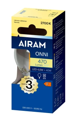 AIRAM LED MAINOSLAMPPU KIRKAS 4,5W E14 FILAM. 470LM, 15 000H