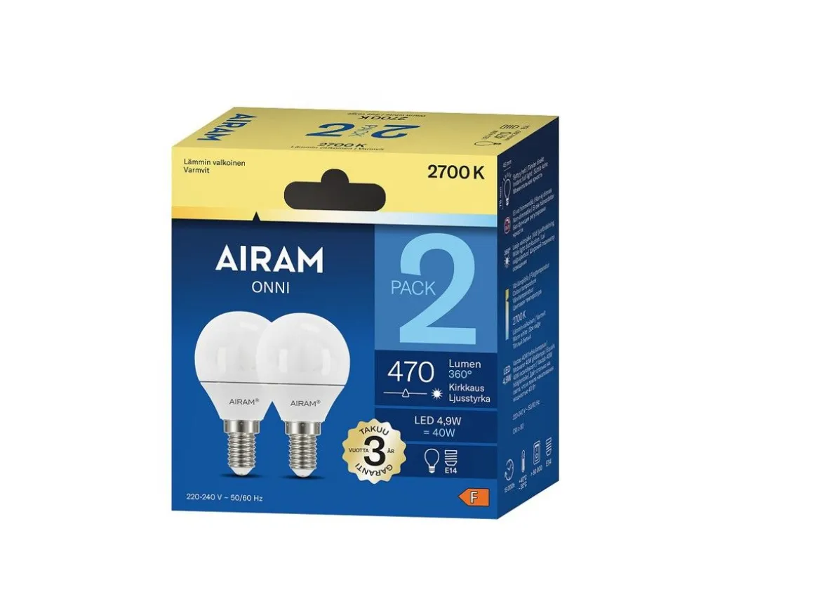 AIRAM LED MAINOSLAMPPU OPAALI 4,9W E14 470 LM, 15 000H 2 KPL