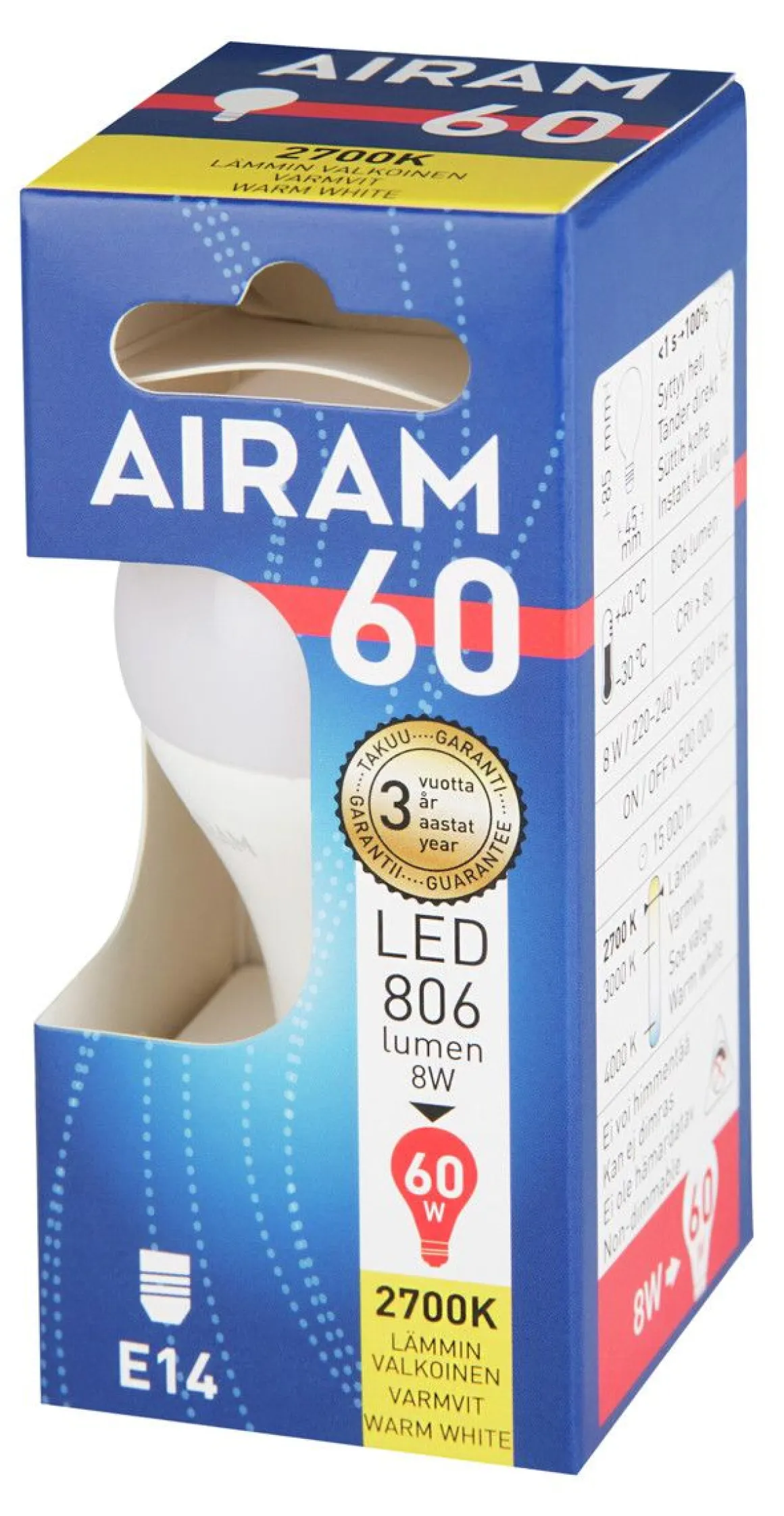 AIRAM LED MAINOSLAMPPU OPAALI 7,2W E14 806LM, 15 000H