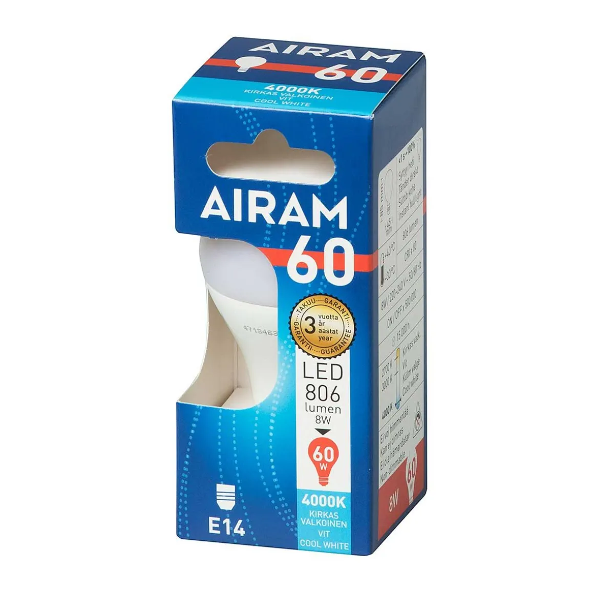 AIRAM LED MAINOSLAMPPU 7,2W 4000K E14 806LM, 15 000H