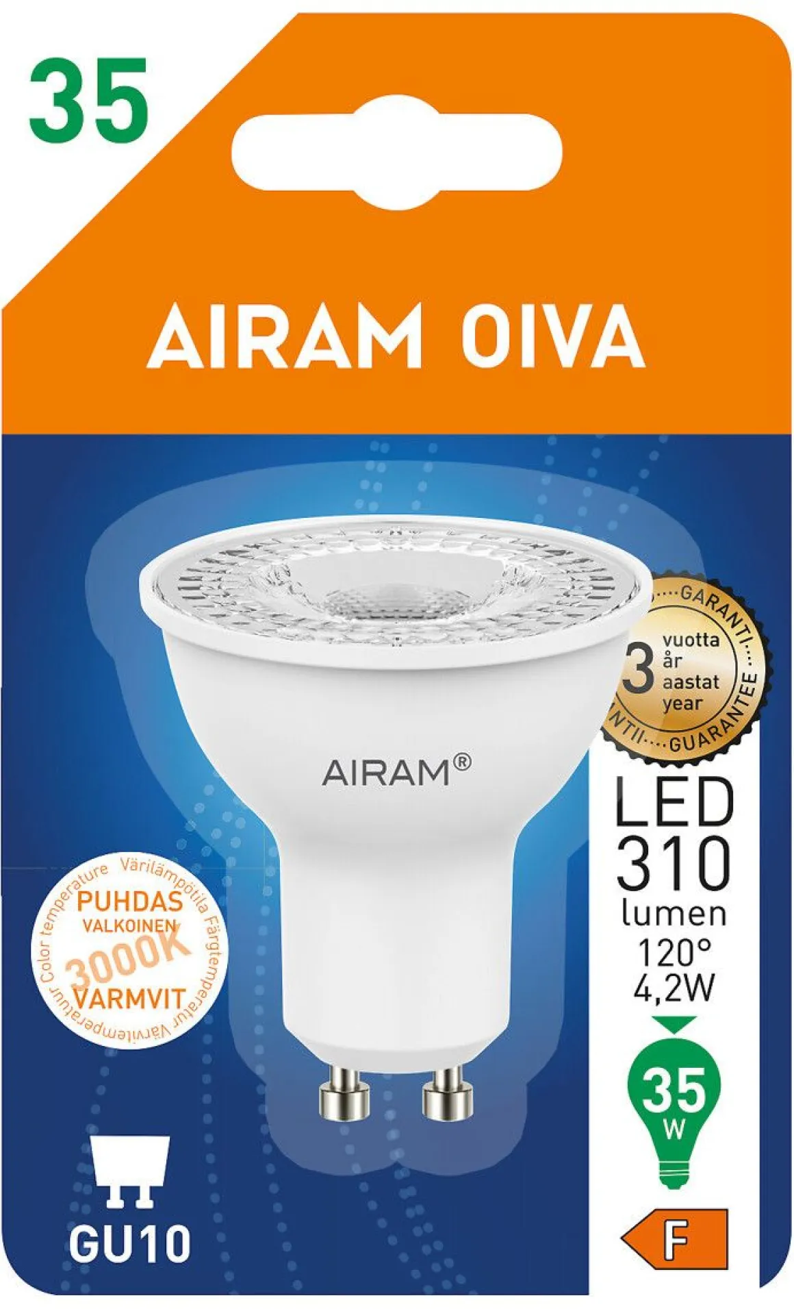AIRAM LED OIVA KOHDEKUPULAMPPU PAR16 4,2W GU10, 3000K 110D 350L