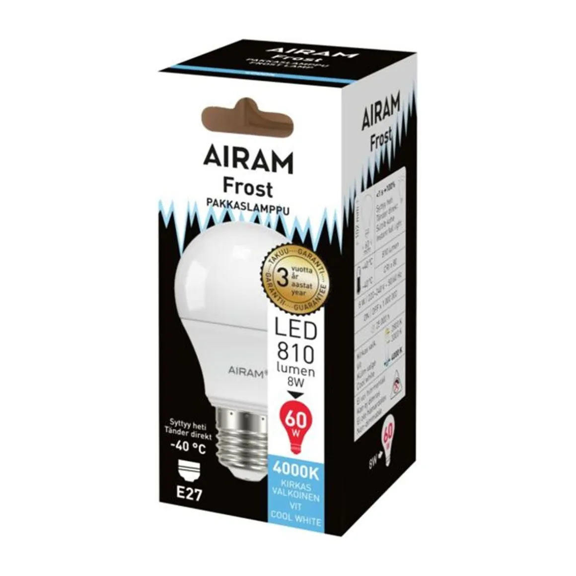 AIRAM LED PAKKASLAMPPU 8,5W E27 OPAALI, 4000K, 25 000H, 810 LM