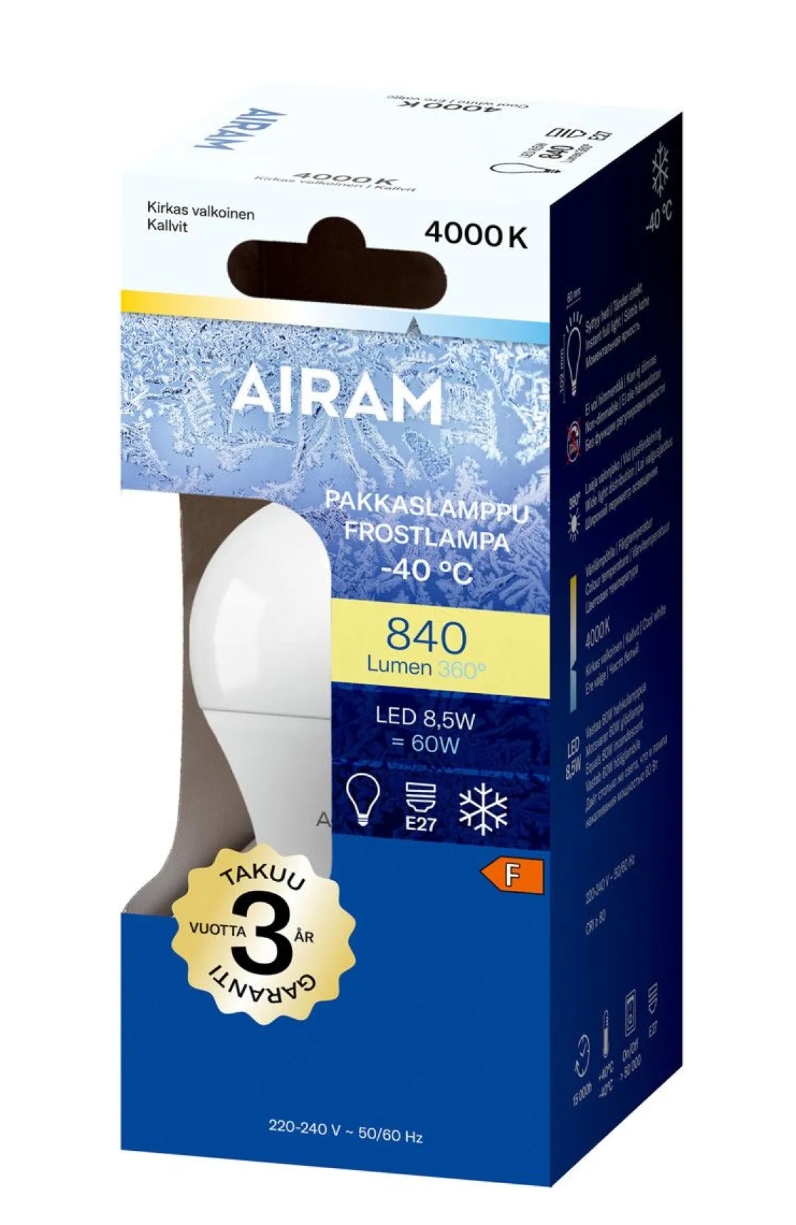AIRAM LED PAKKASLAMPPU 8,5W E27 OPAALI, 4000K, 25 000H, 810 LM
