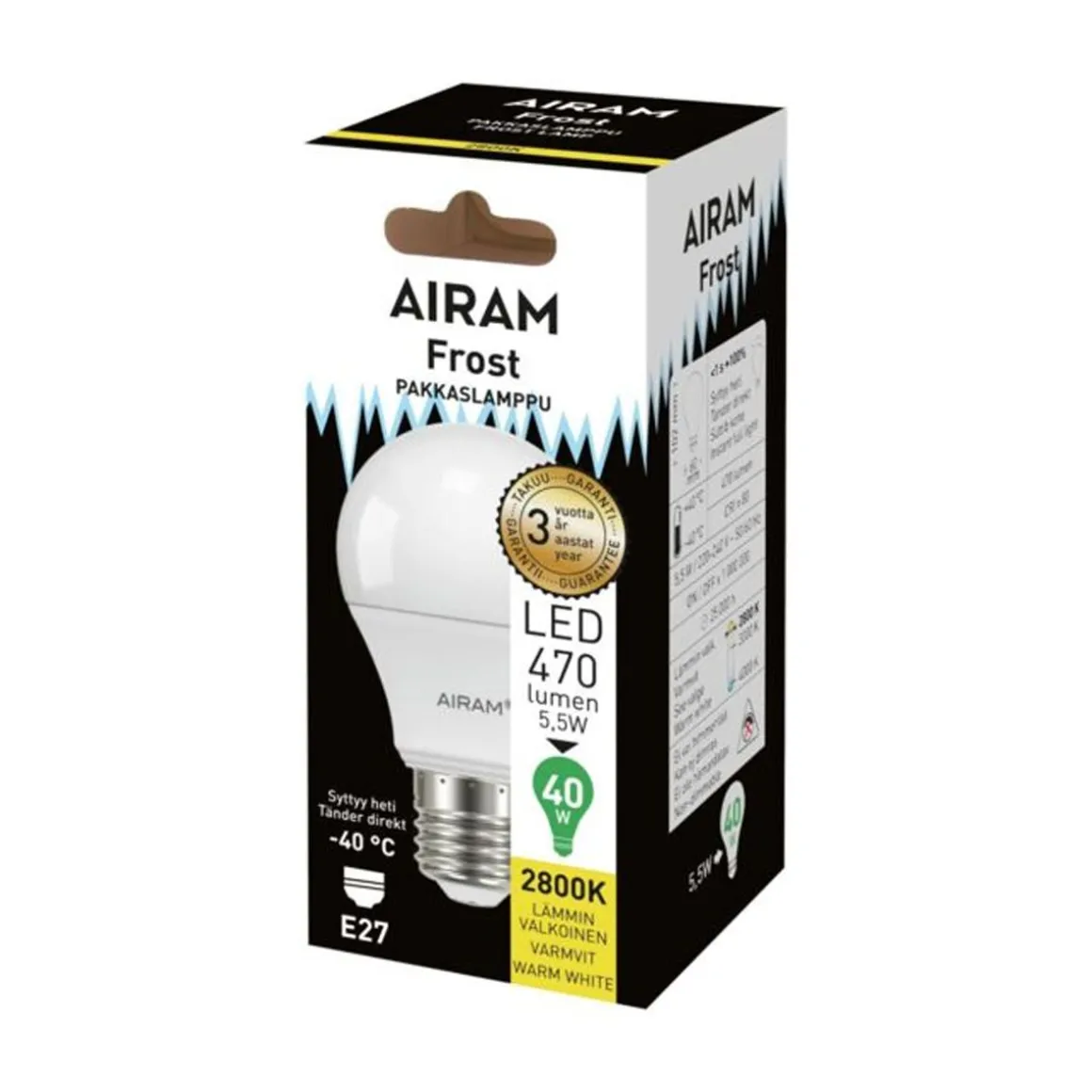 AIRAM LED PAKKASLAMPPU 4,9W E27 OPAALI, 2800K, 15 000H, 470 LM