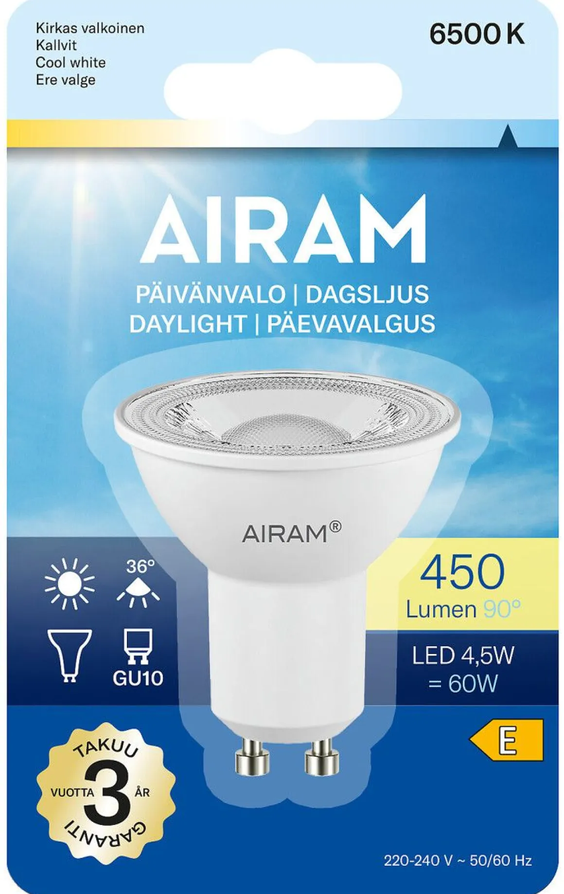 AIRAM LED PÄIVÄNVALOLAMPPU PAR16 4,5W GU10 495 LM/820CD, 15 000