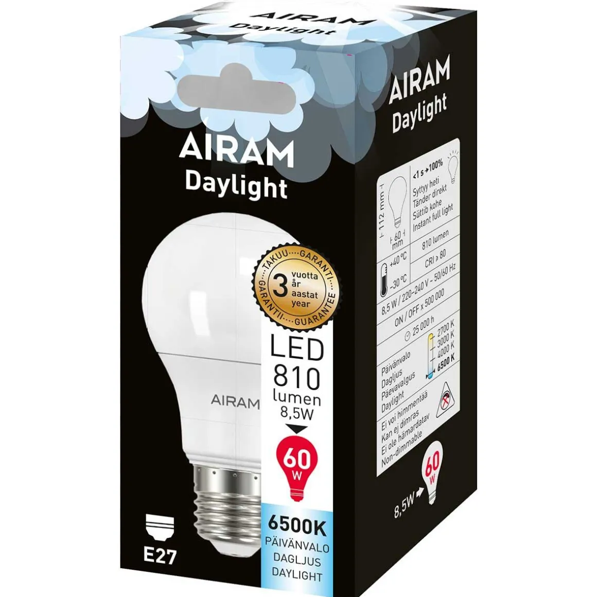AIRAM LED PÄIVÄNVALOLAMPPU 8,5W E27 6500K, 810 LM, 15 000H