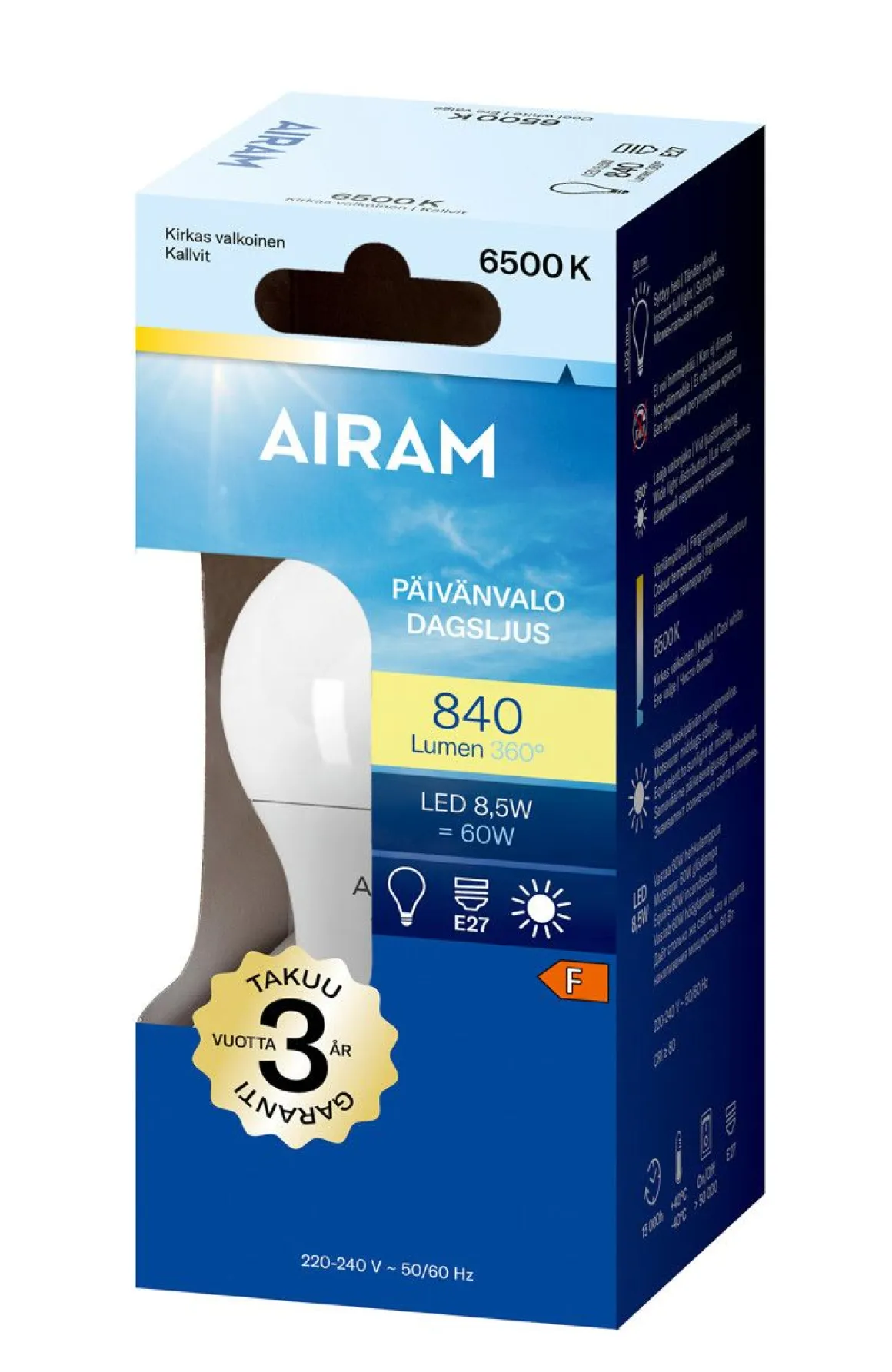 AIRAM LED PÄIVÄNVALOLAMPPU 8,5W E27 6500K, 810 LM, 15 000H