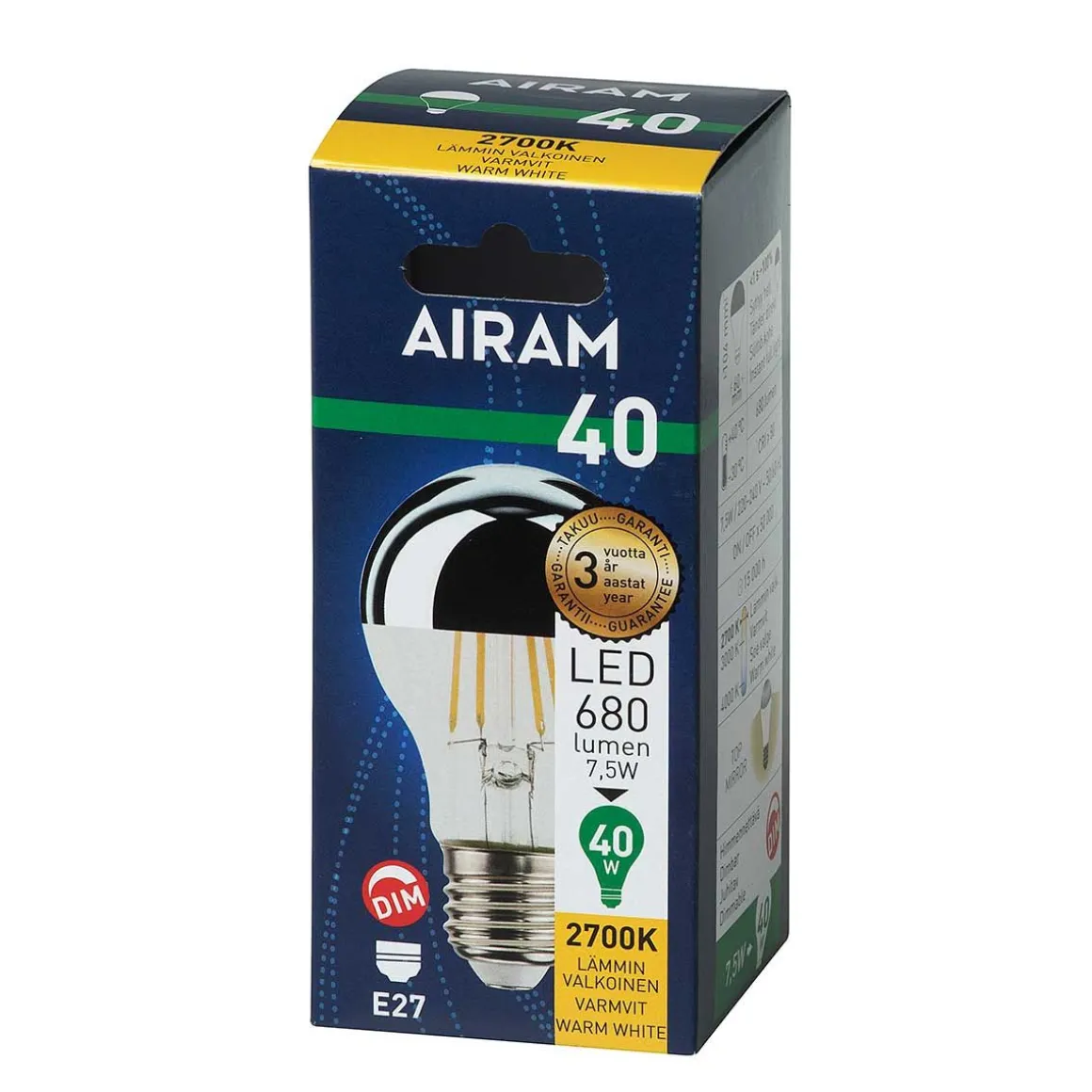 AIRAM LED PÄÄPEILILAMPPU VAKIO 7W E27, 680LM 15 000H