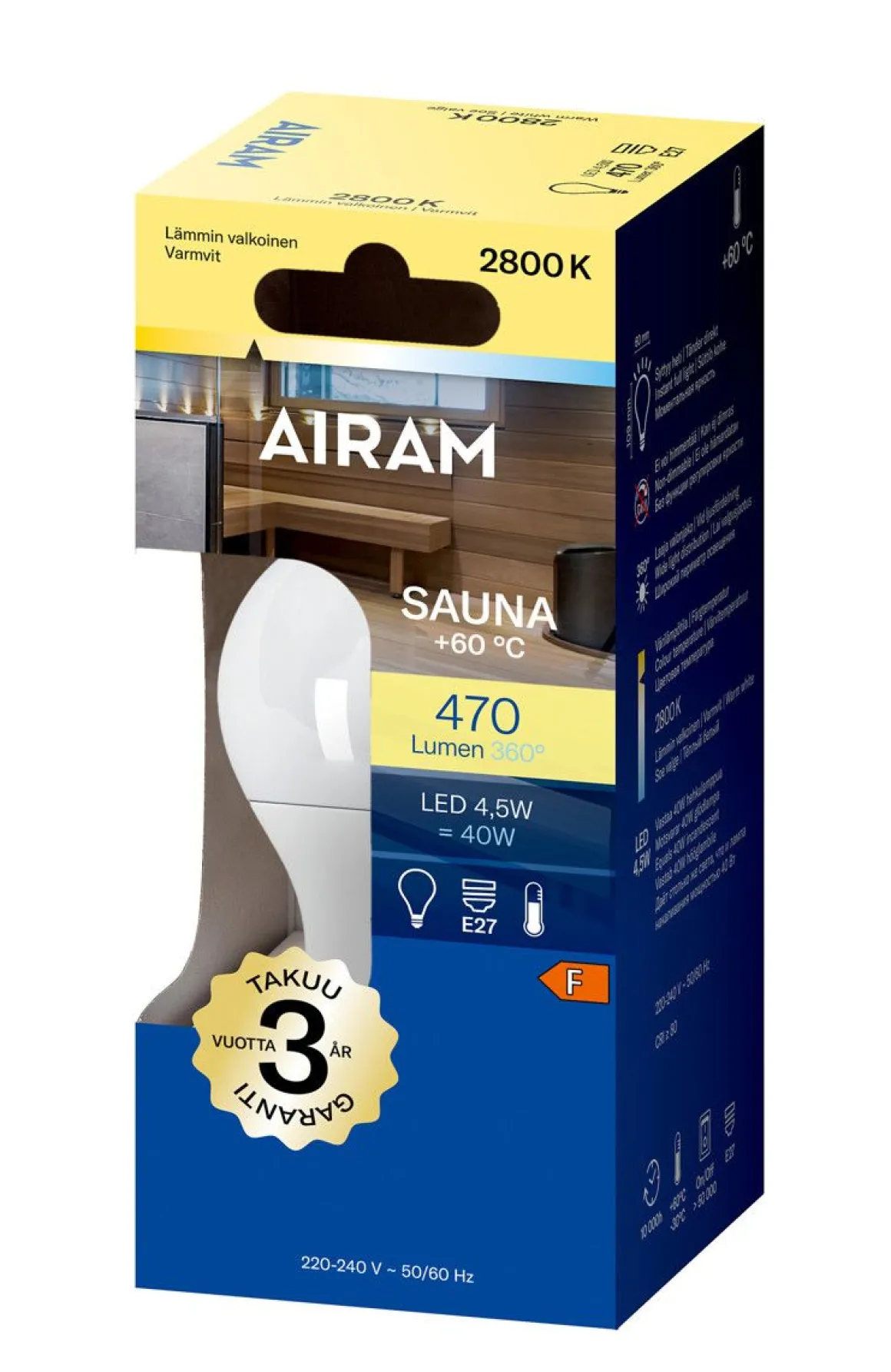 AIRAM LED SAUNALAMPPU OPAALI 4,5W E27 470 LM,10 000H, 2800K