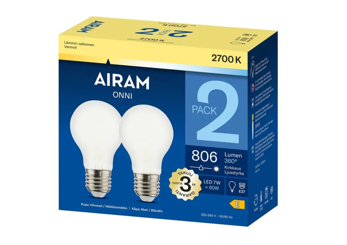 AIRAM LED VAKIOLAMPPU HIMMEÄ 7,0W2-PACK E27, 2700K 806 LM, 12 000H