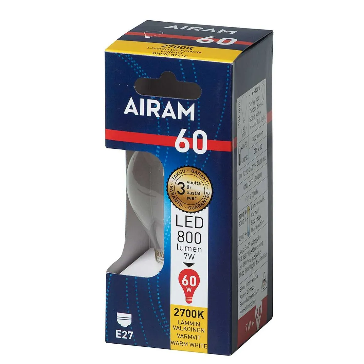AIRAM LED VAKIOLAMPPU KIRKAS 7W E27 FILAM. 800 LM, 15 000H