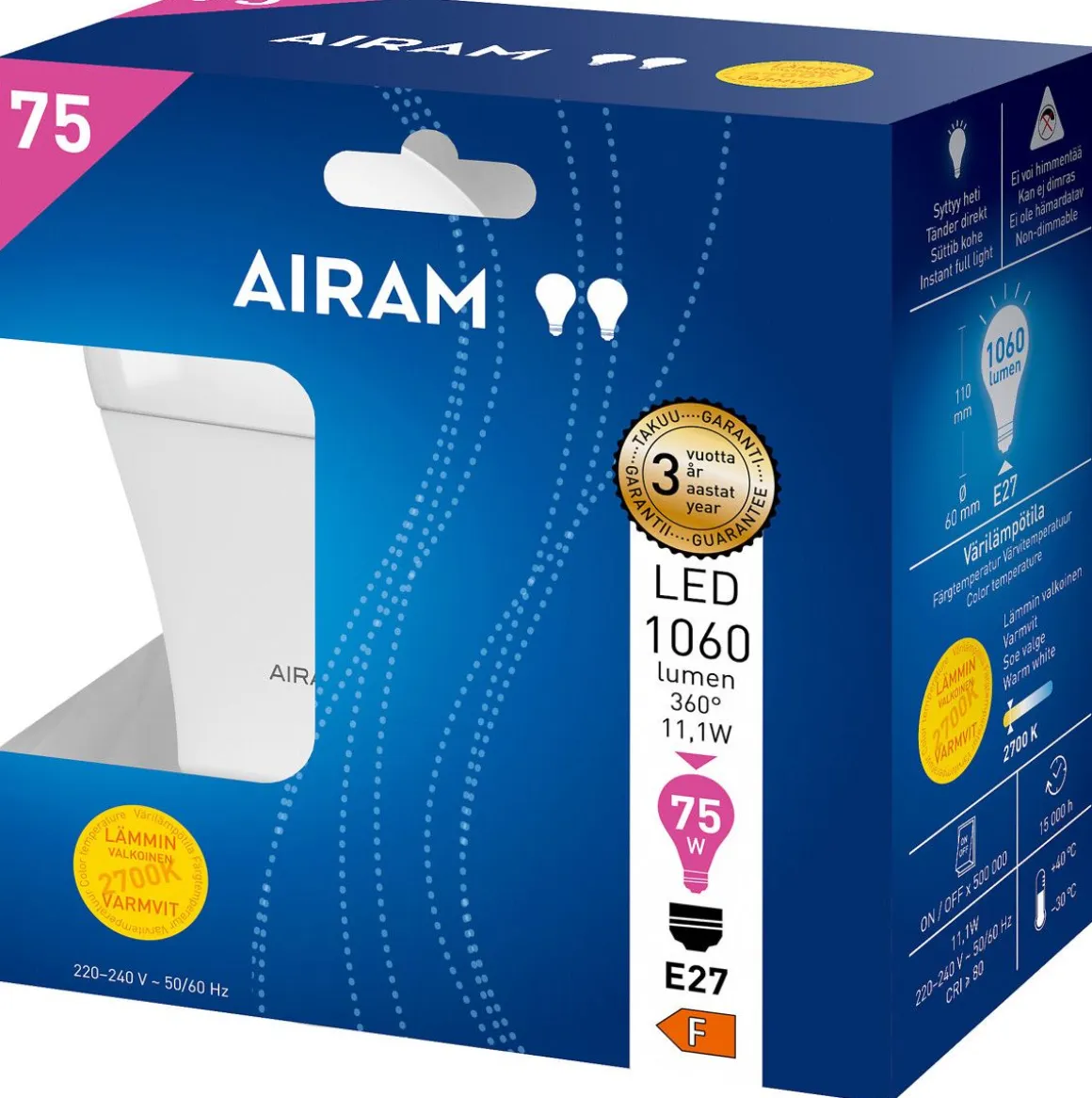 AIRAM LED VAKIOLAMPPU OPAALI 10,5W E27 1060 LM, 15 000H 2 KPL