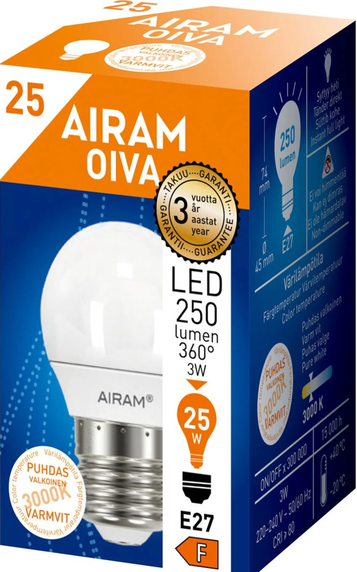 AIRAM OIVA LED KORISTELAMPPU E27 250LM 3W 3000K