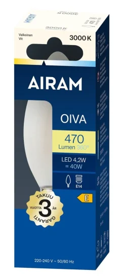 AIRAM OIVA LED KYNTTILÄKUPULAMPPU 4,2W E14 3000K 470LM 15 000H