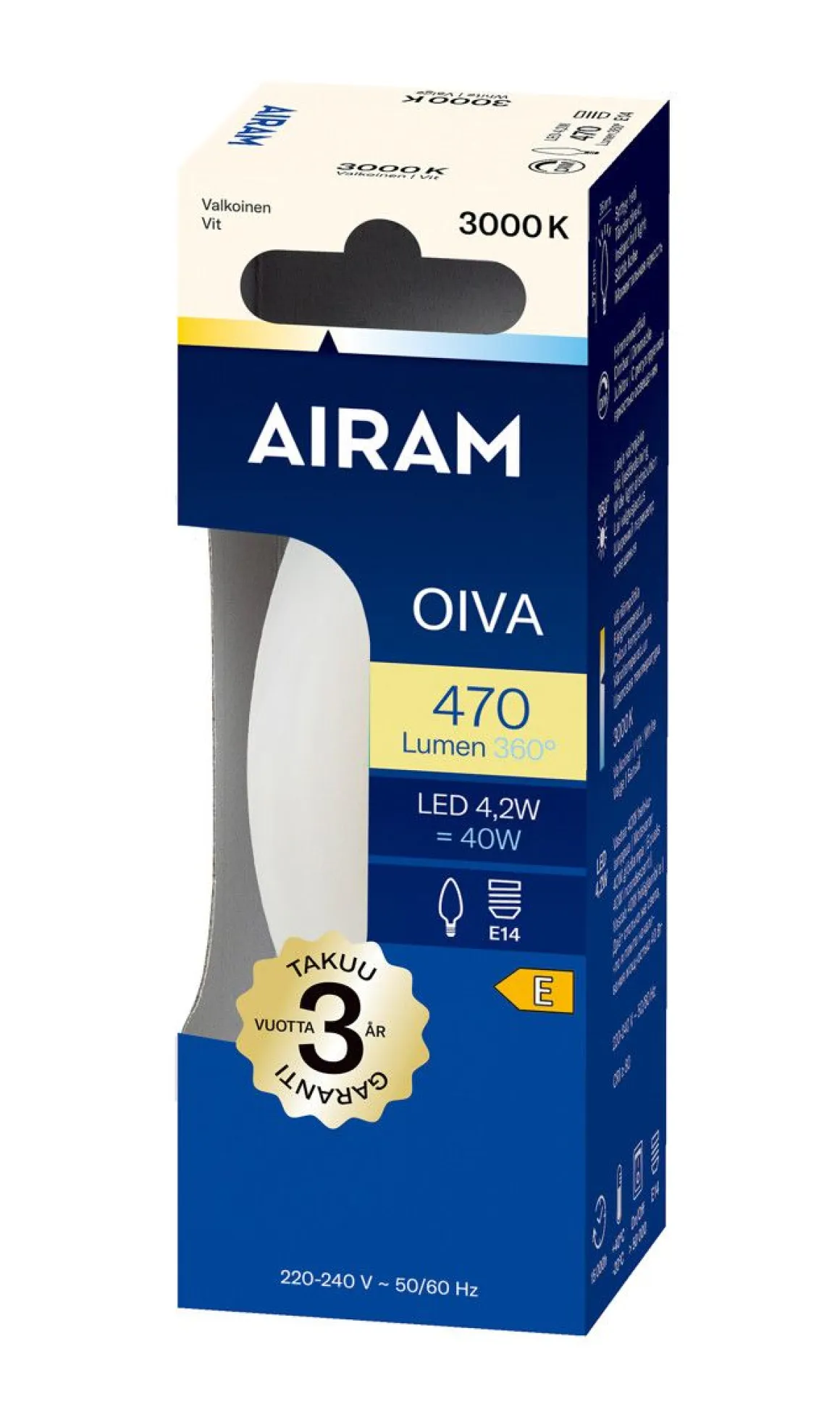 AIRAM OIVA LED KYNTTILÄKUPULAMPPU 4,2W E14 3000K C35 470LM 15 000H
