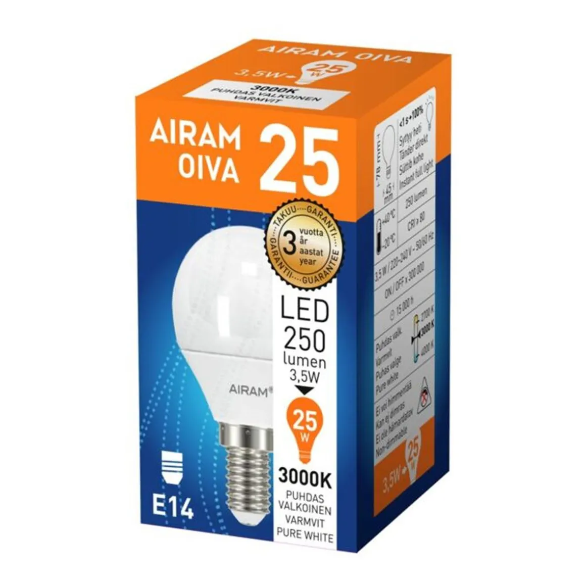 AIRAM OIVA LED MAINOSLAMPPU E14 250LM 3W 3000K