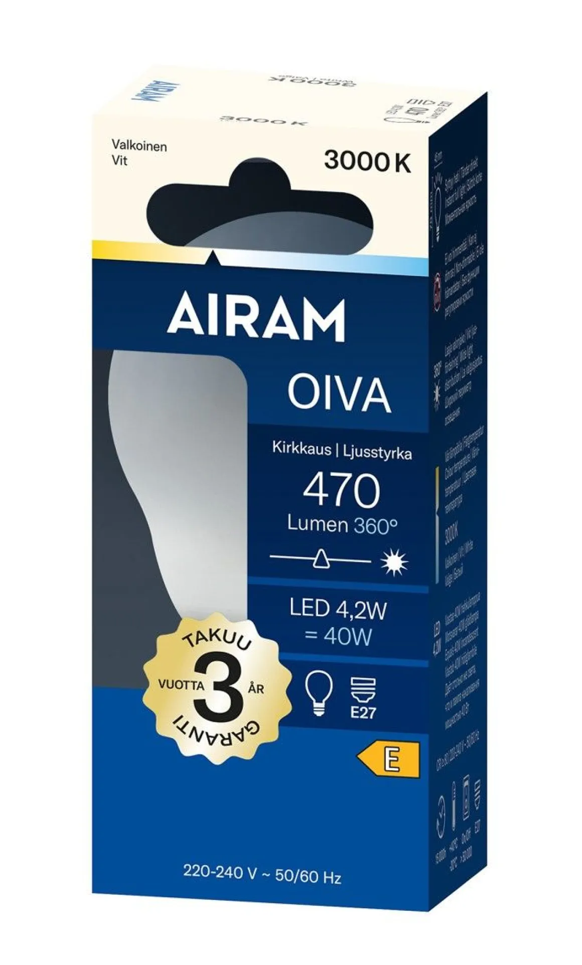 AIRAM OIVA LED PIENIKUPULAMPPU 4,9W E27 3000K P45 470LM 15 000H