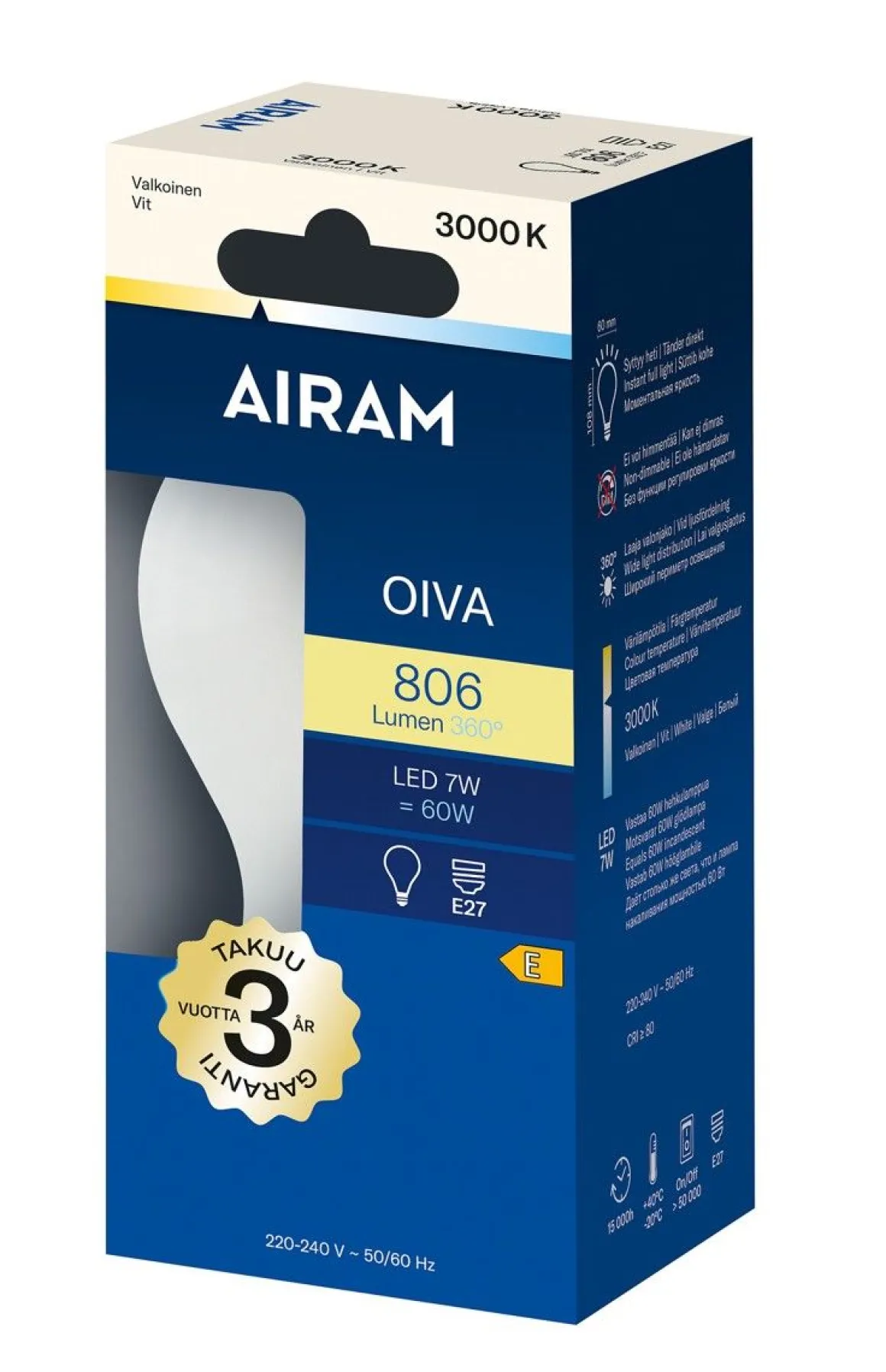 AIRAM OIVA LED VAKIOKUPULAMPPU 7W E27 3000K 806LM 15 000H