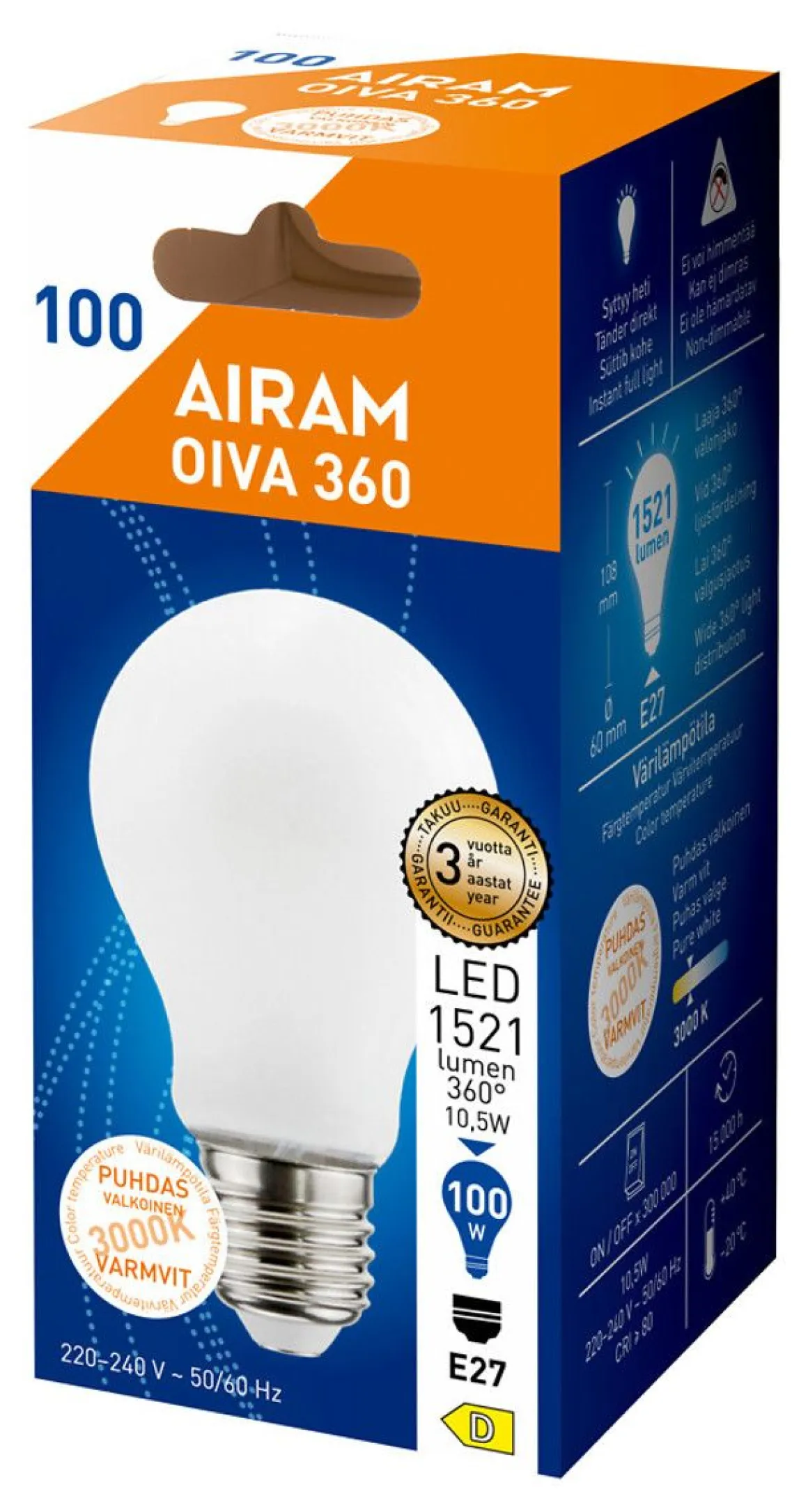 AIRAM OIVA LED-VAKIOLAMPPU 10,5W A60 830 1521LM E27 360 OPAALI