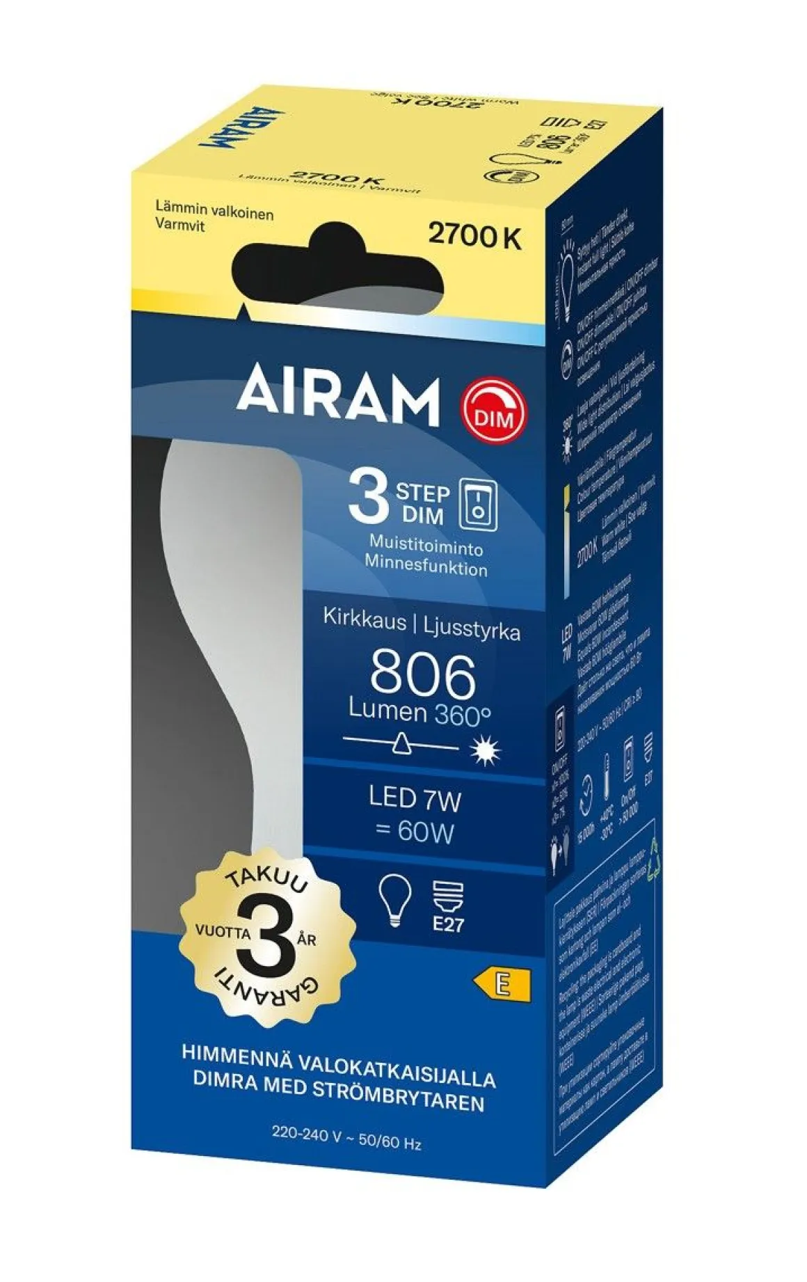 AIRAM ONNI 3-STEP VAKIOKUPULAMPPU 360° E27 2700K DIM 806LM 15 000H