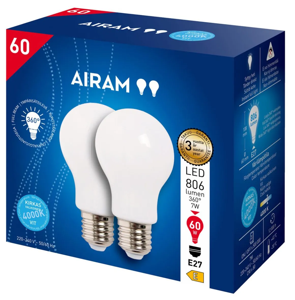 AIRAM OPAL LED VAKIOLAMPPU 2PACK 7W A60 E27, 4000K 806LM, 12 000H