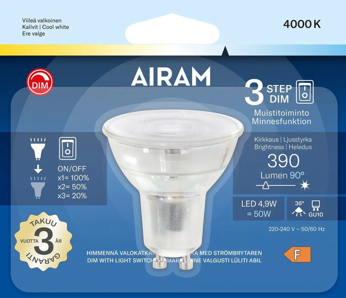 AIRAM 3-STEP KOHDELAMPPU 4,9W PAR16 GU10 4000K 390LM
